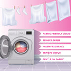 Washing machine with open door showing laundry, clothes hanging on a line, and text about fabric care on a pink background.