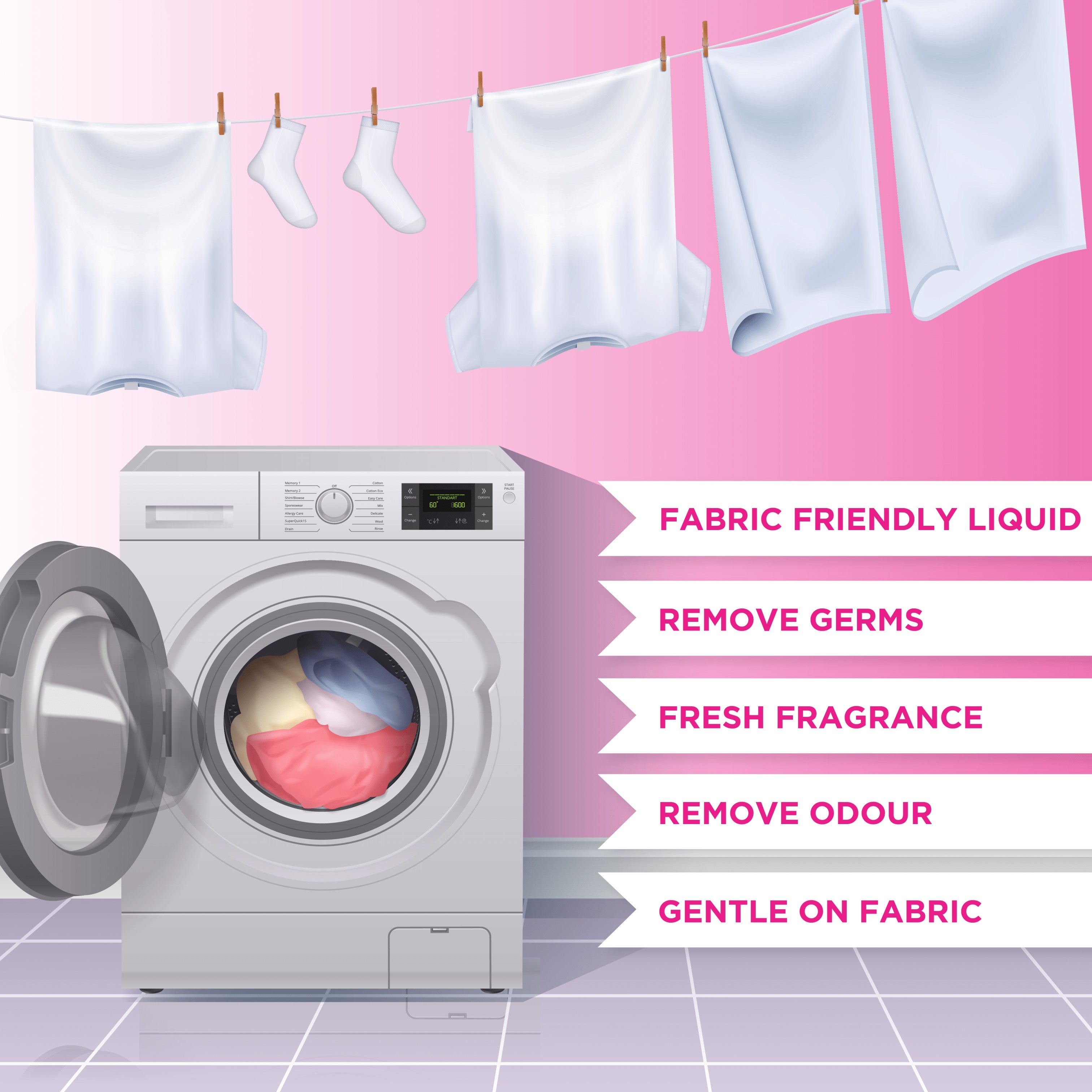 Washing machine with open door showing laundry, clothes hanging on a line, and text about fabric care on a pink background.