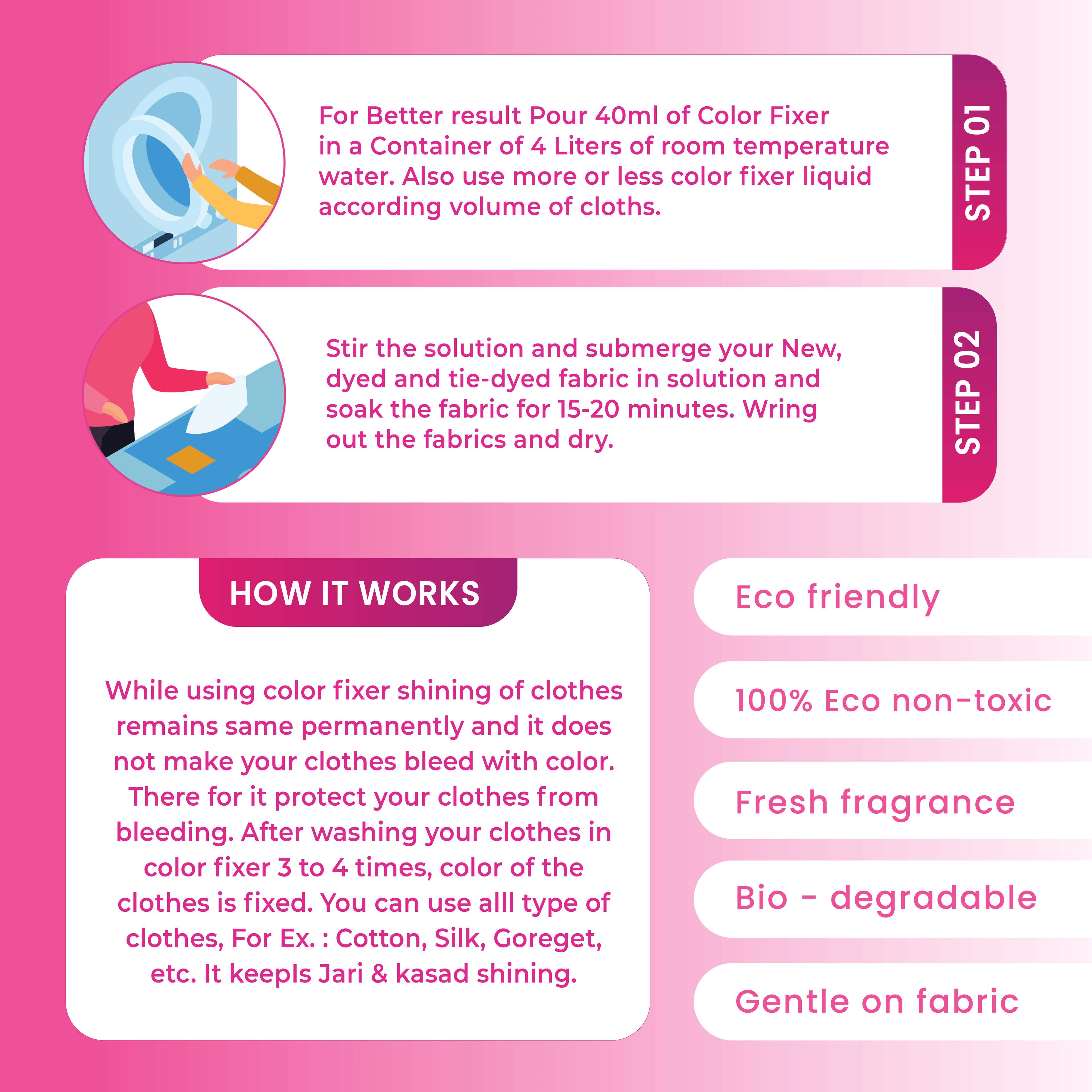 Instructions for using a color fixer on pink background with text and icons.