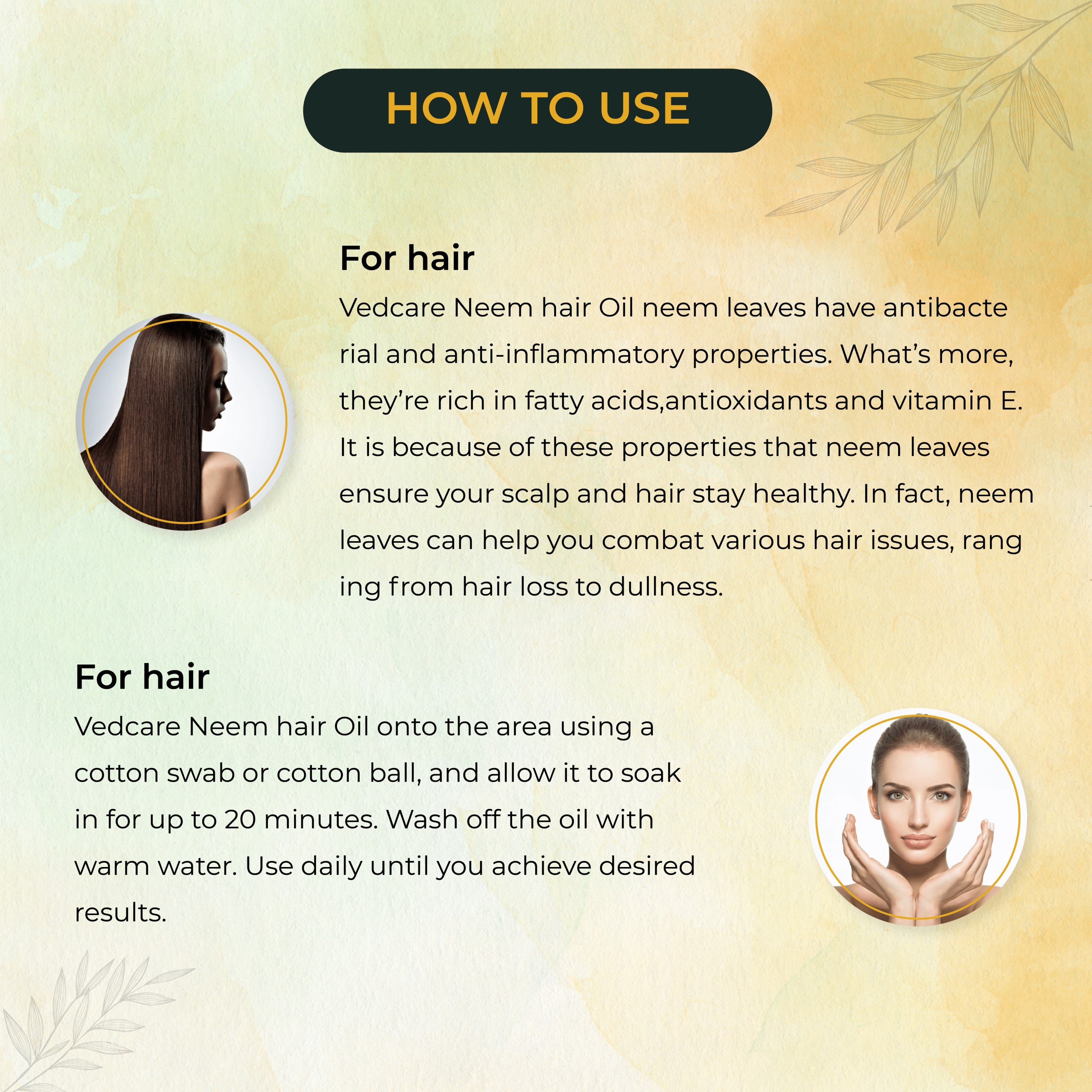 Instructions on how to use Vedcare Neem hair oil with text and images of a woman and a mirror.