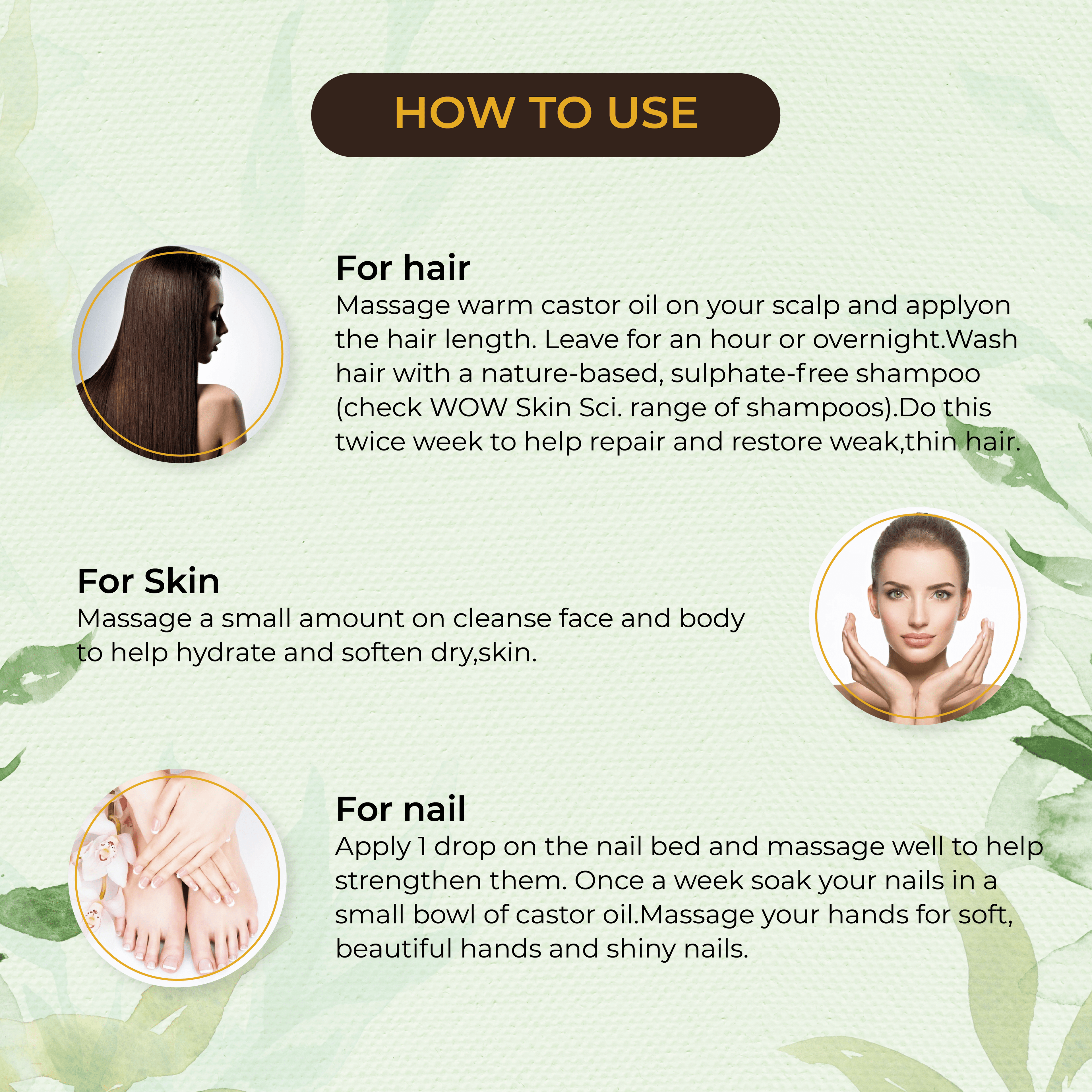 Instructions on how to use a product for hair, skin, and nails with images and text.