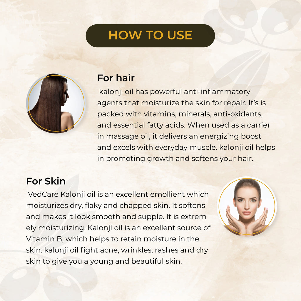 Instructions on how to use kalonji oil for hair and skin with text and images of a woman and a woman's face.