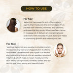 Instructions on how to use kalonji oil for hair and skin with text and images of a woman and a woman's face.