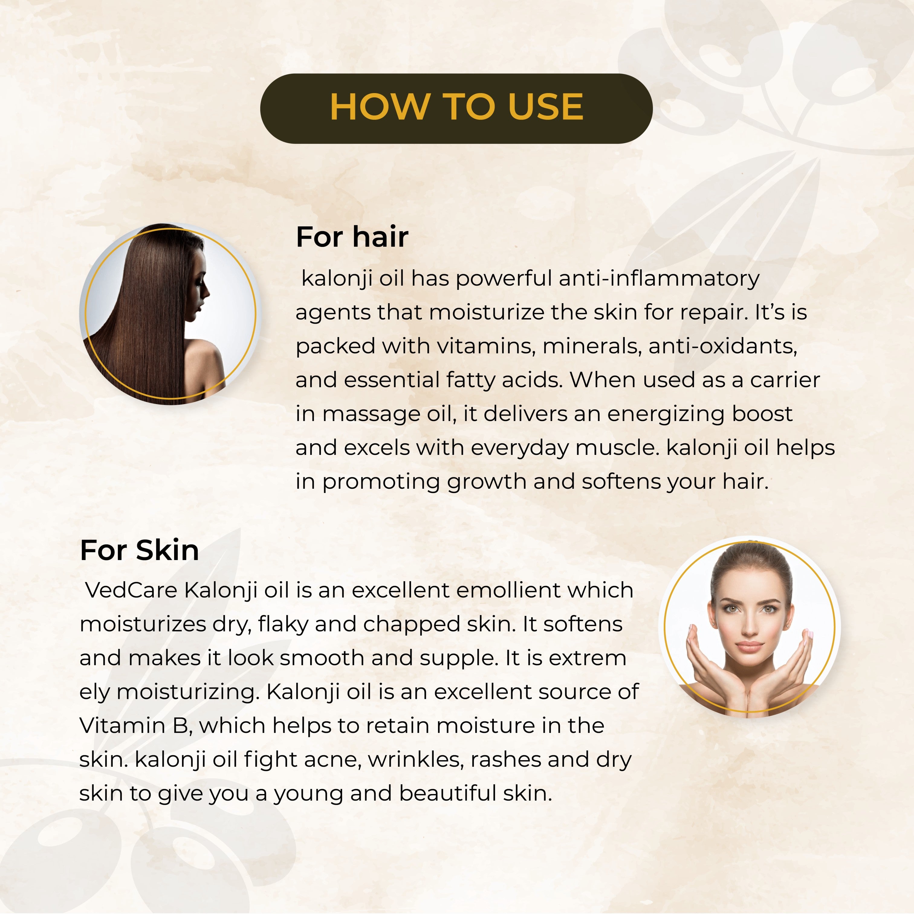 Instructions on how to use kalonji oil for hair and skin with text and images of a woman and a woman's face.