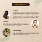 Instructions on how to use coconut oil for hair, skin, and cooking on a beige background.
