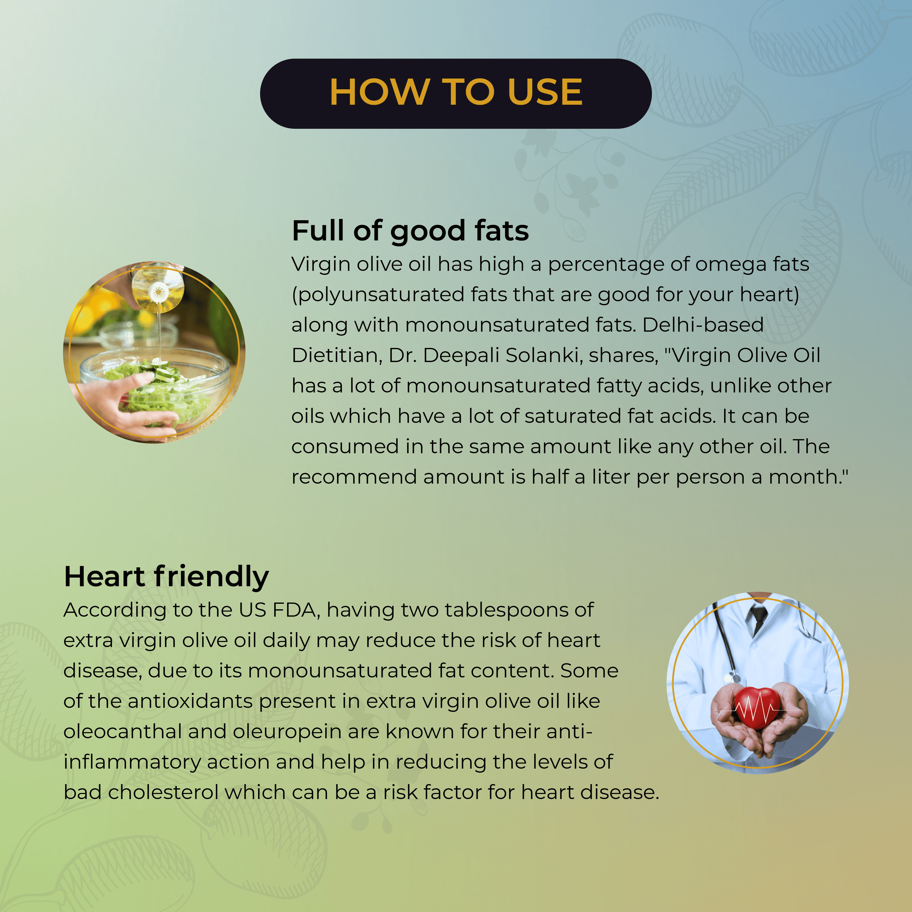 Informational graphic about using virgin olive oil, including text and images of a doctor and heart.