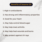 List of benefits of sesame oil on a light background with decorative elements.