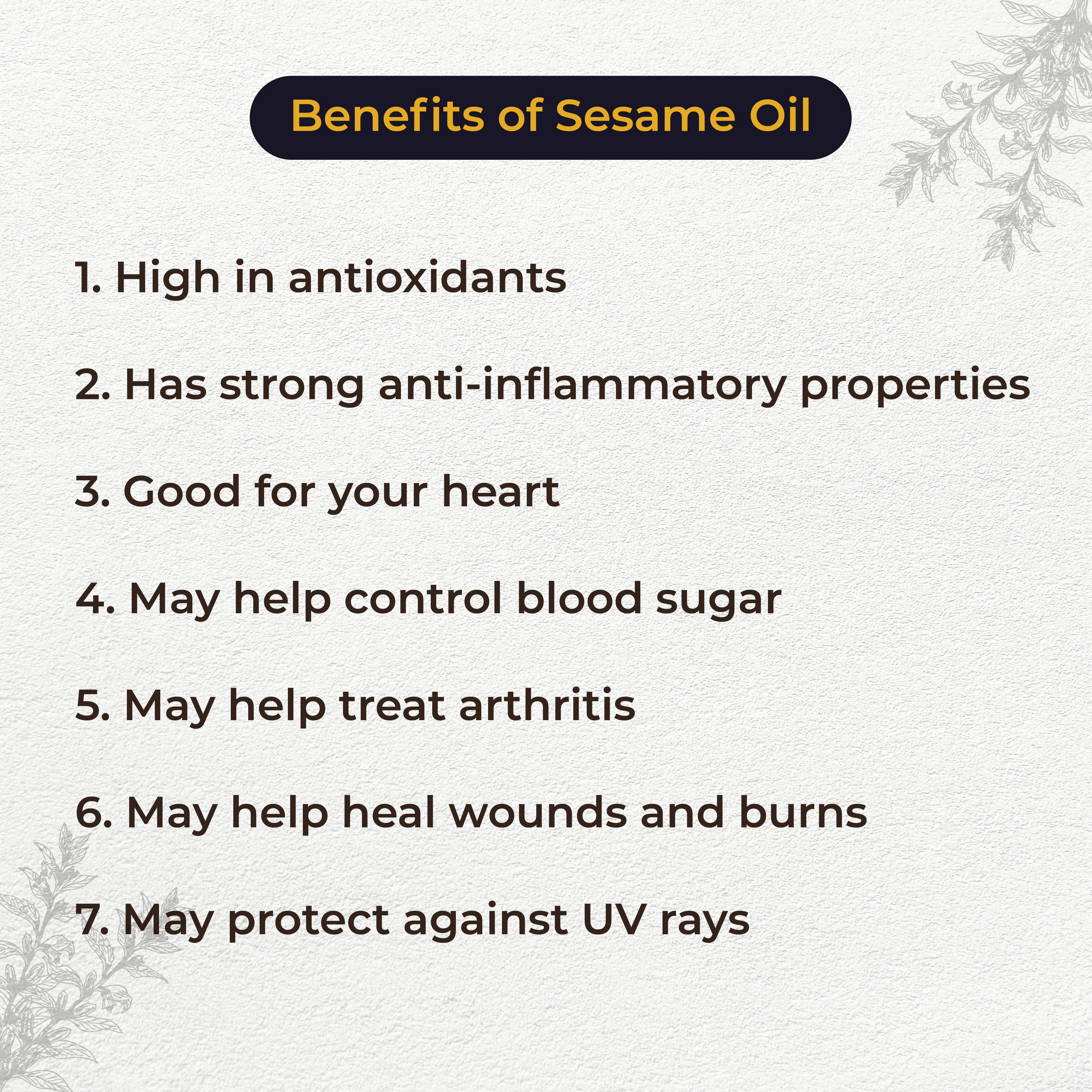 List of benefits of sesame oil on a light background with decorative elements.