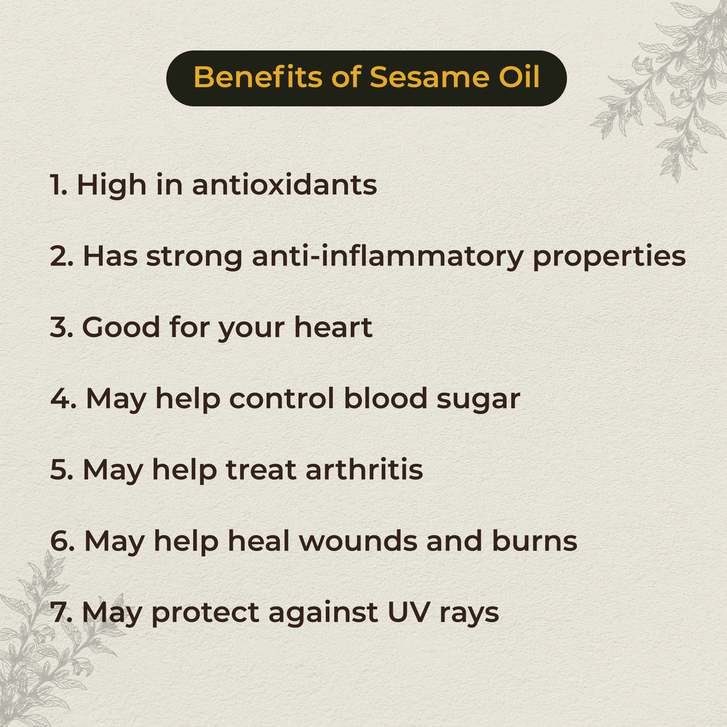 List of benefits of sesame oil on a light background with decorative elements.
