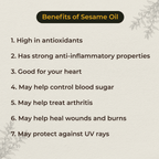 List of benefits of sesame oil on a light background with decorative elements.