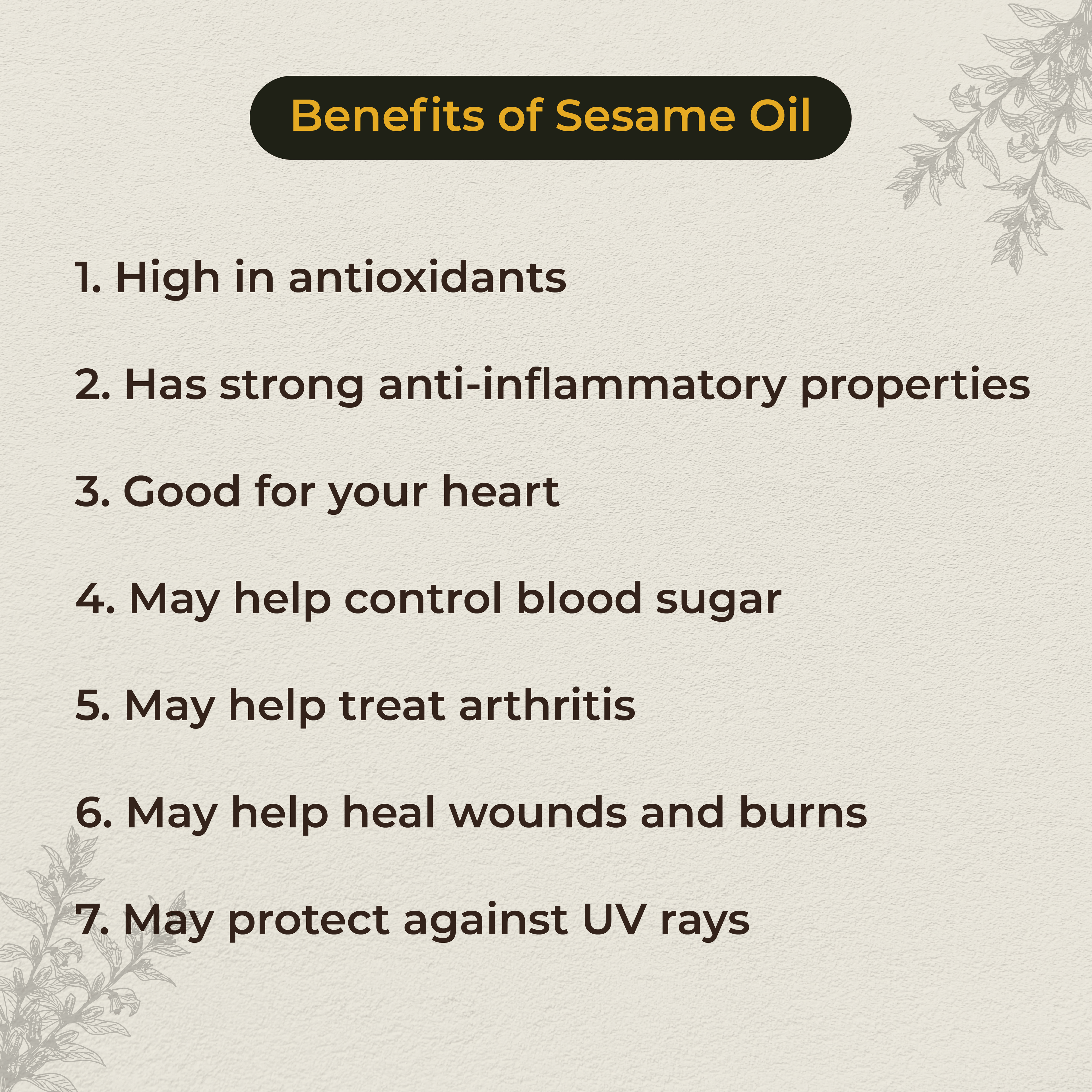 List of benefits of sesame oil on a light background with decorative elements.