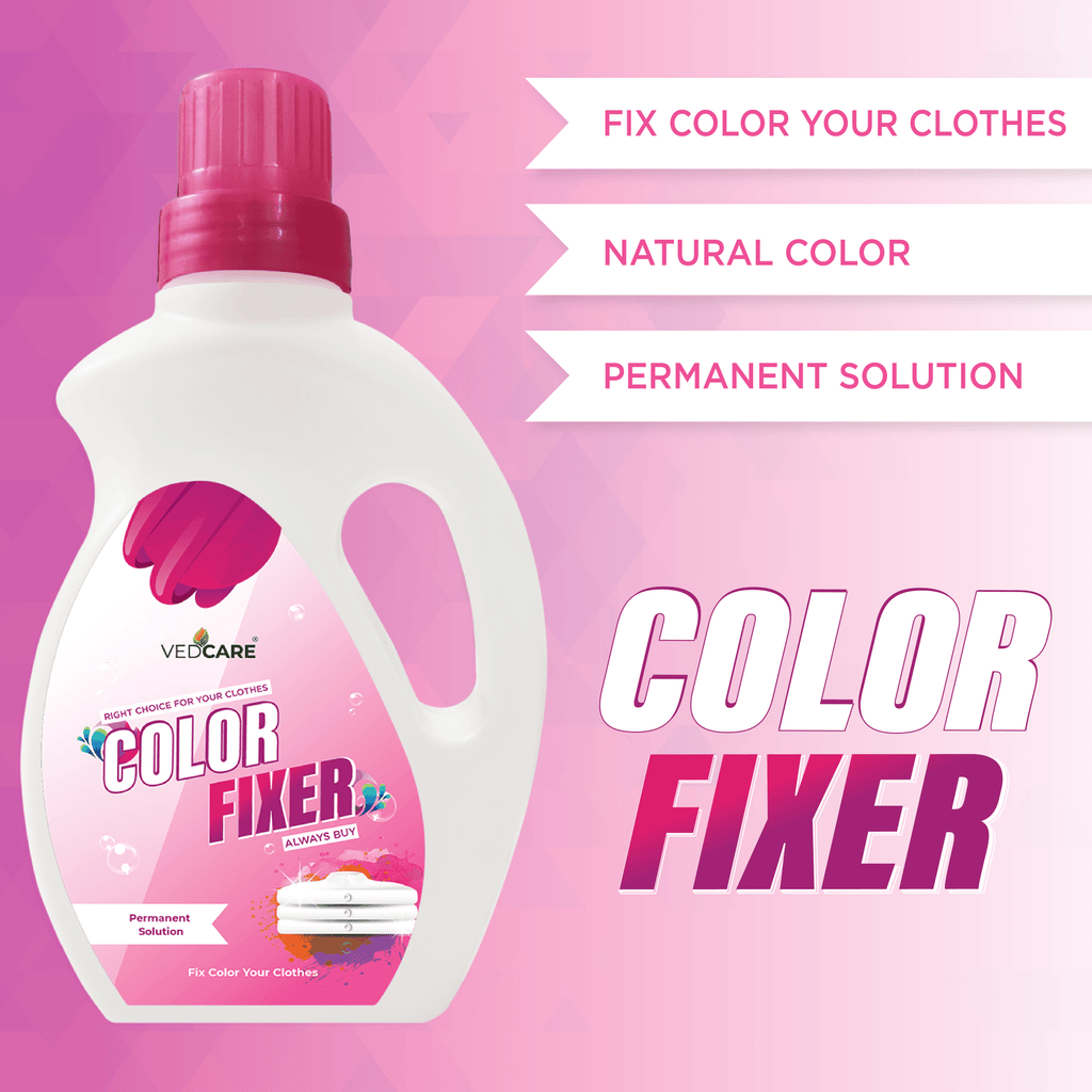 Vedcare Color Fixer bottle on a pink background with text highlighting its features.