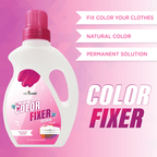Vedcare Color Fixer bottle on a pink background with text highlighting its features.