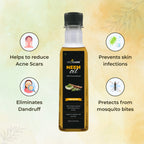 Bottle of Vedcare Neem oil with benefits listed on a yellow background