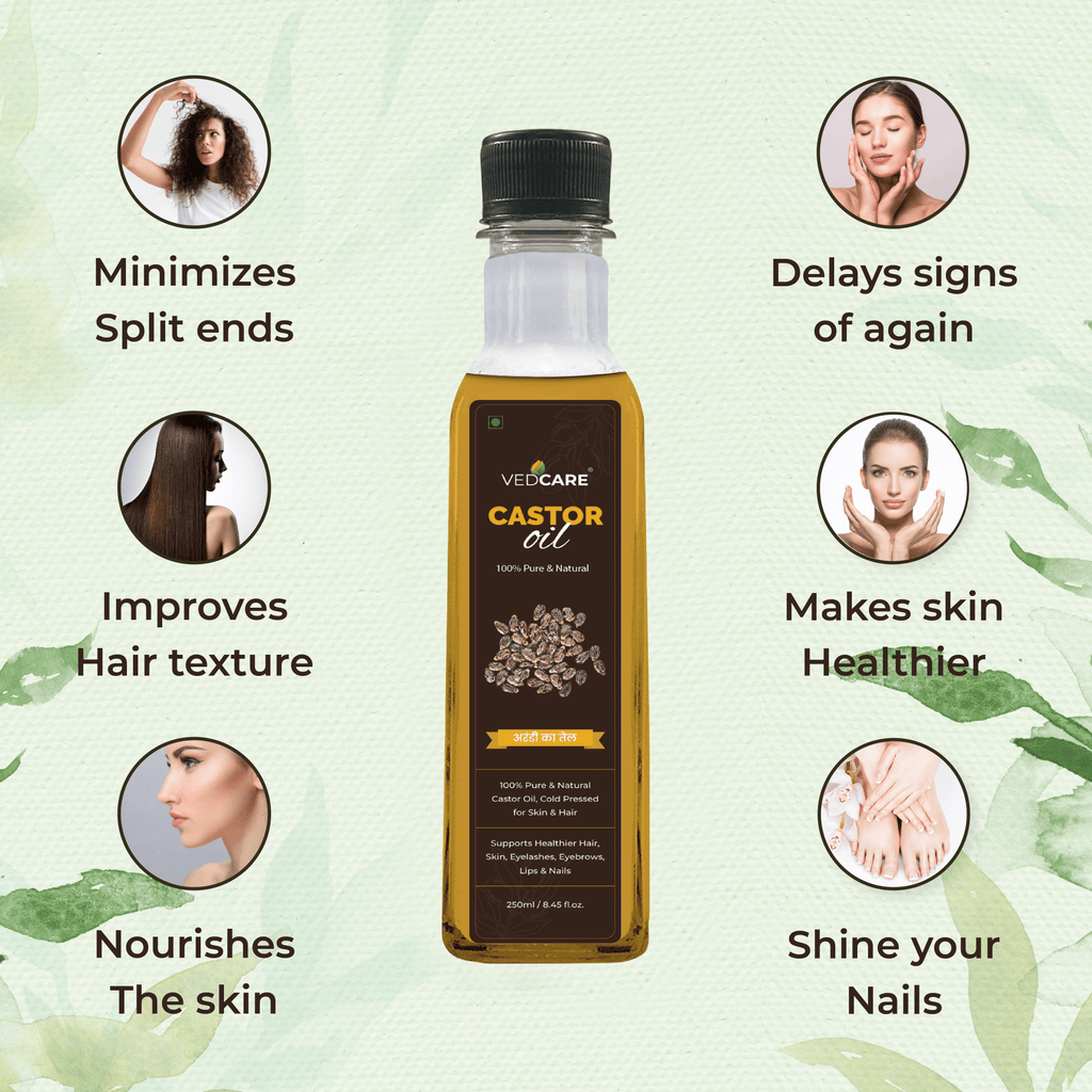Vedicare Castor oil bottle with benefits listed on a green background