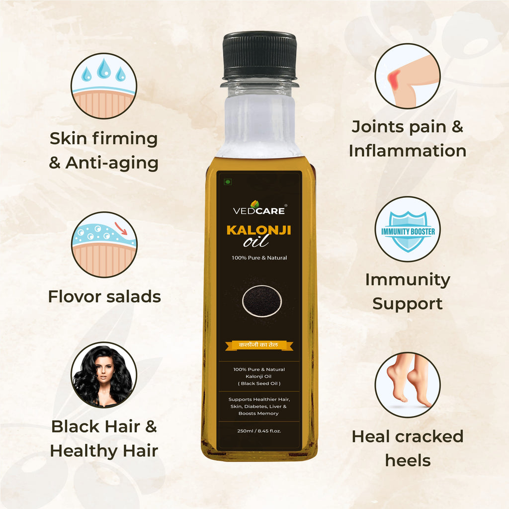 Vedcare Kalonji oil bottle with health benefits listed on a beige background