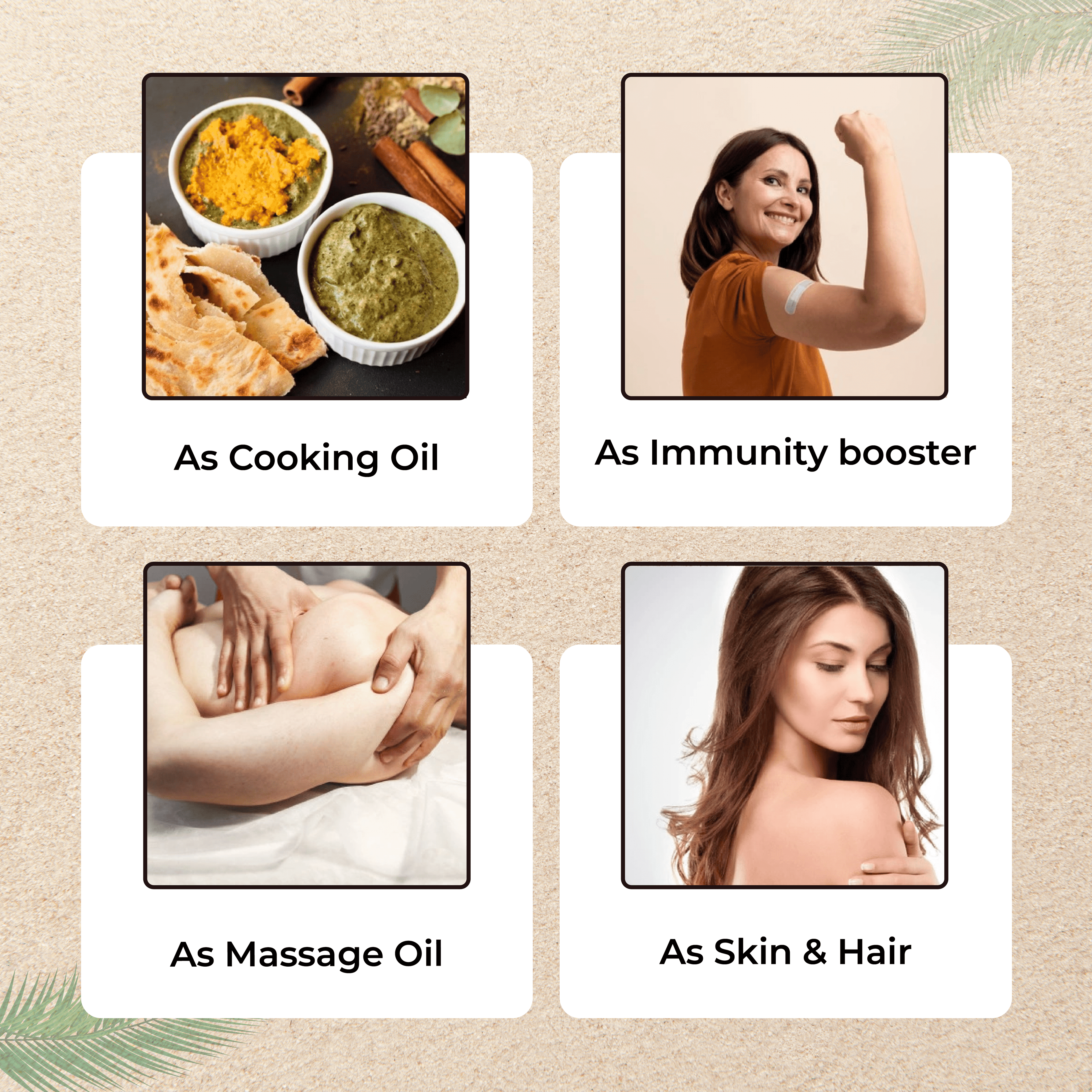Product usage scenarios including cooking, immunity booster, massage, and skin/hair care on a beige background.