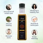 VedCare Malkangani oil bottle with benefits listed on a gradient background