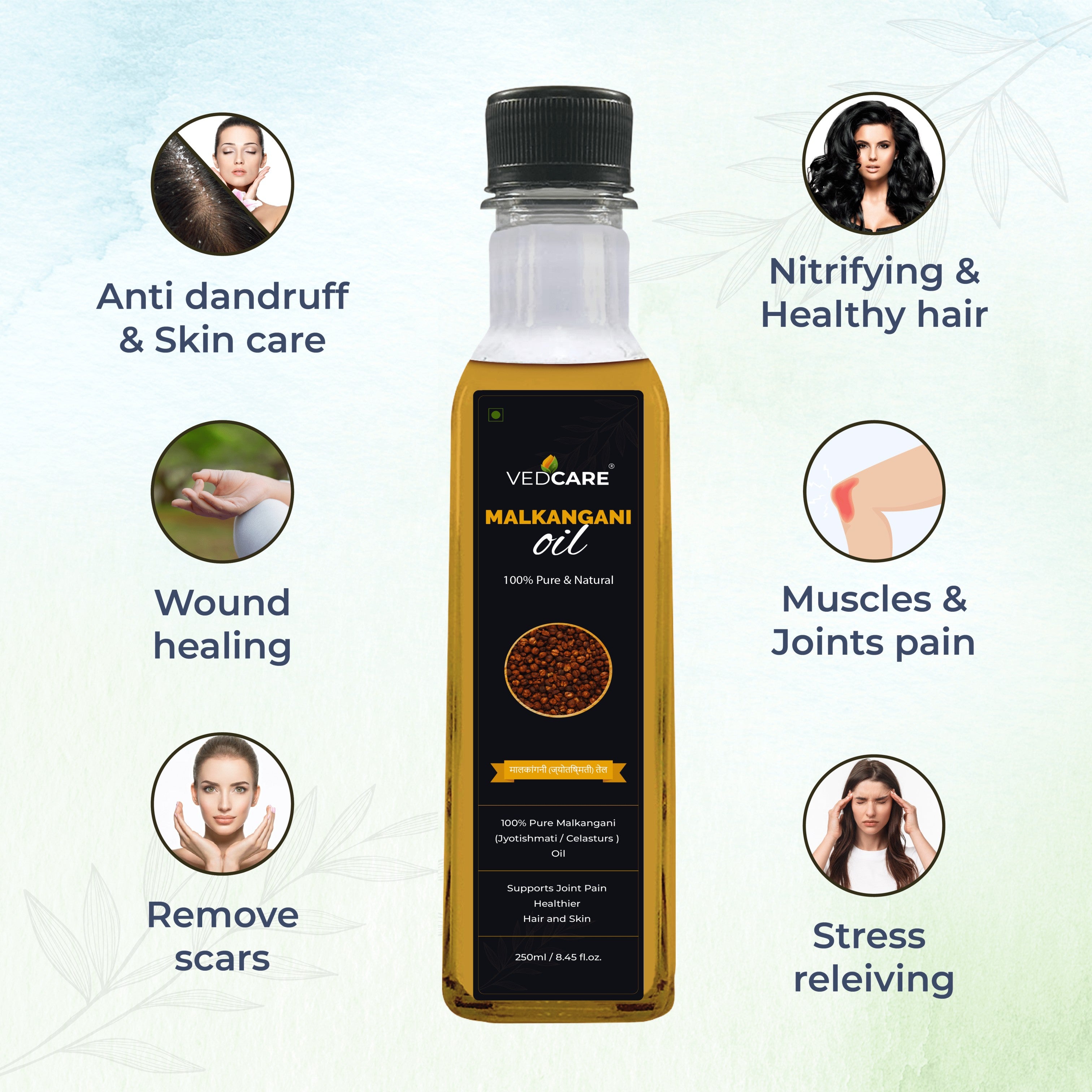 VedCare Malkangani oil bottle with benefits listed on a gradient background