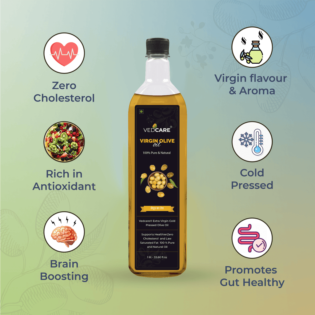 Vedcare Virgin Olive Oil bottle with health benefits icons on a gradient green background