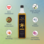 Vedcare Virgin Olive Oil bottle with health benefits icons on a gradient green background