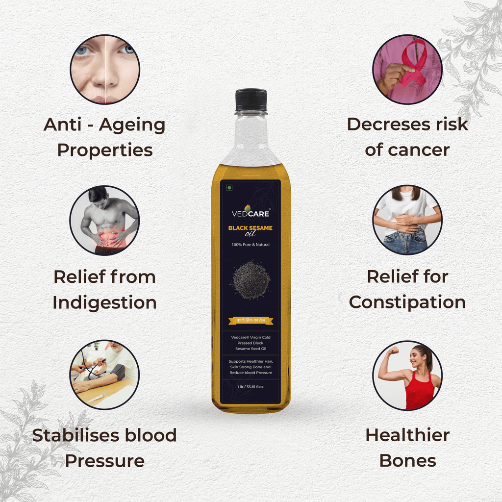 VedCare Black Sesame oil bottle with health benefits on a white background