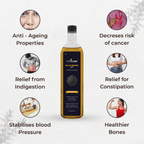 VedCare Black Sesame oil bottle with health benefits on a white background