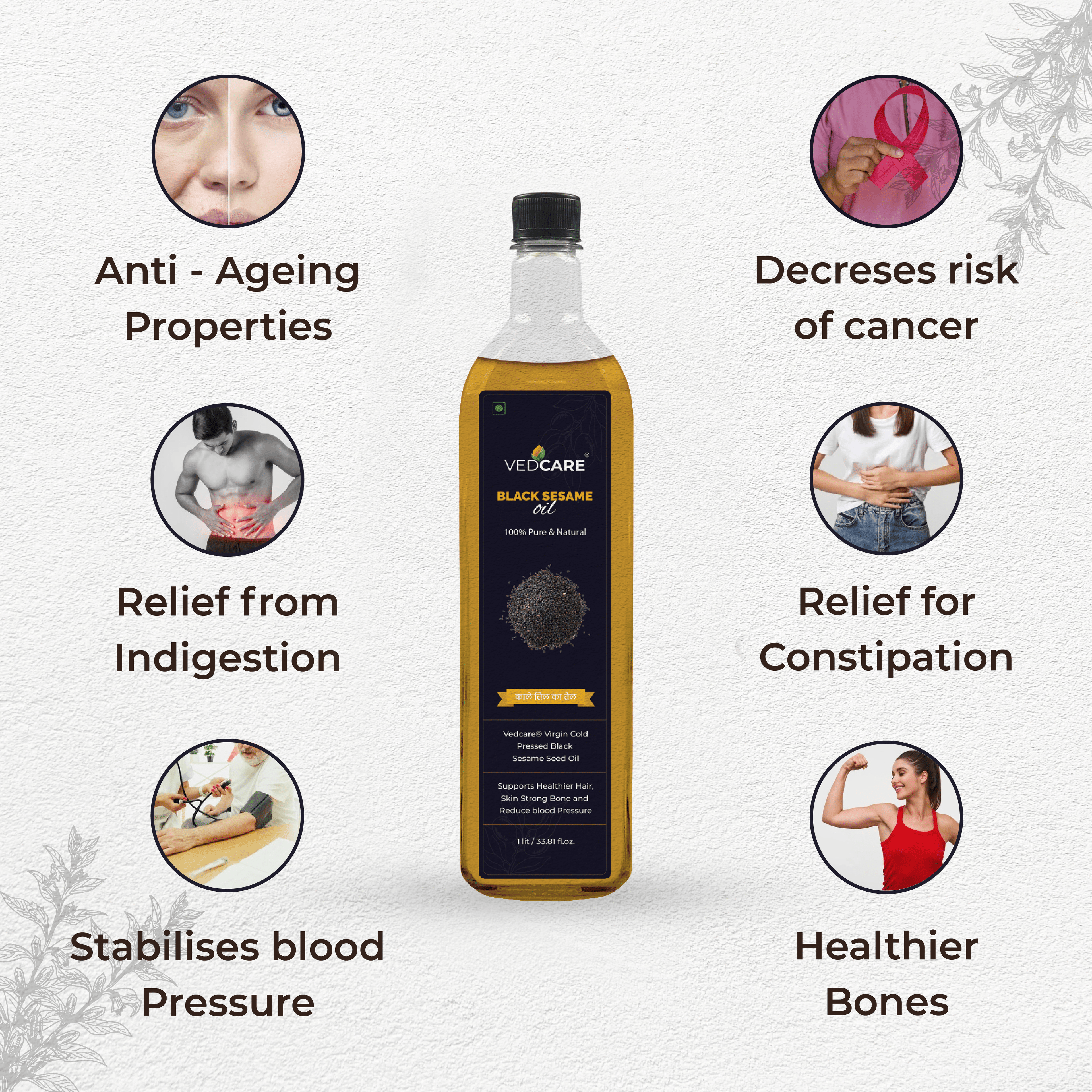 VedCare Black Sesame oil bottle with health benefits on a white background