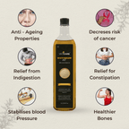 VedCare white sesame oil bottle with health benefits listed on a light background