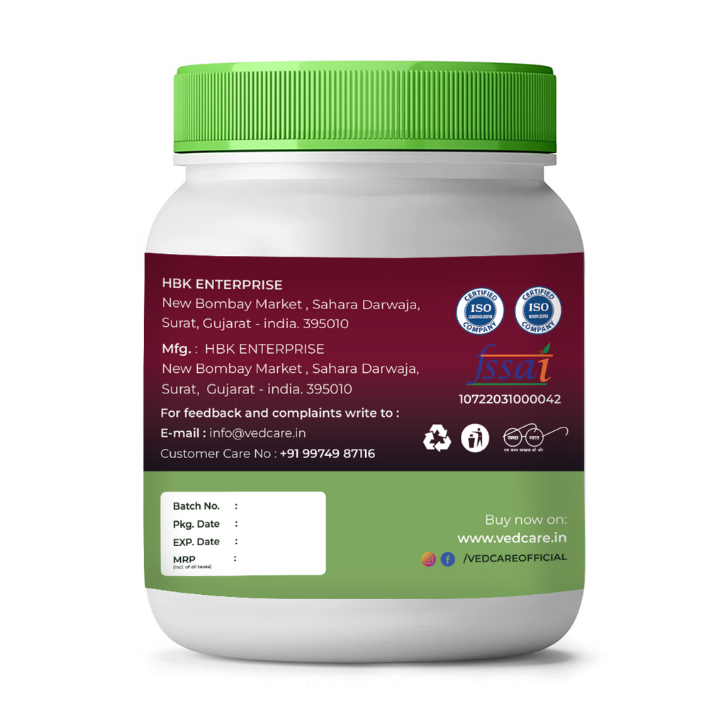 Vedcare supplement container with green lid and label on a white background