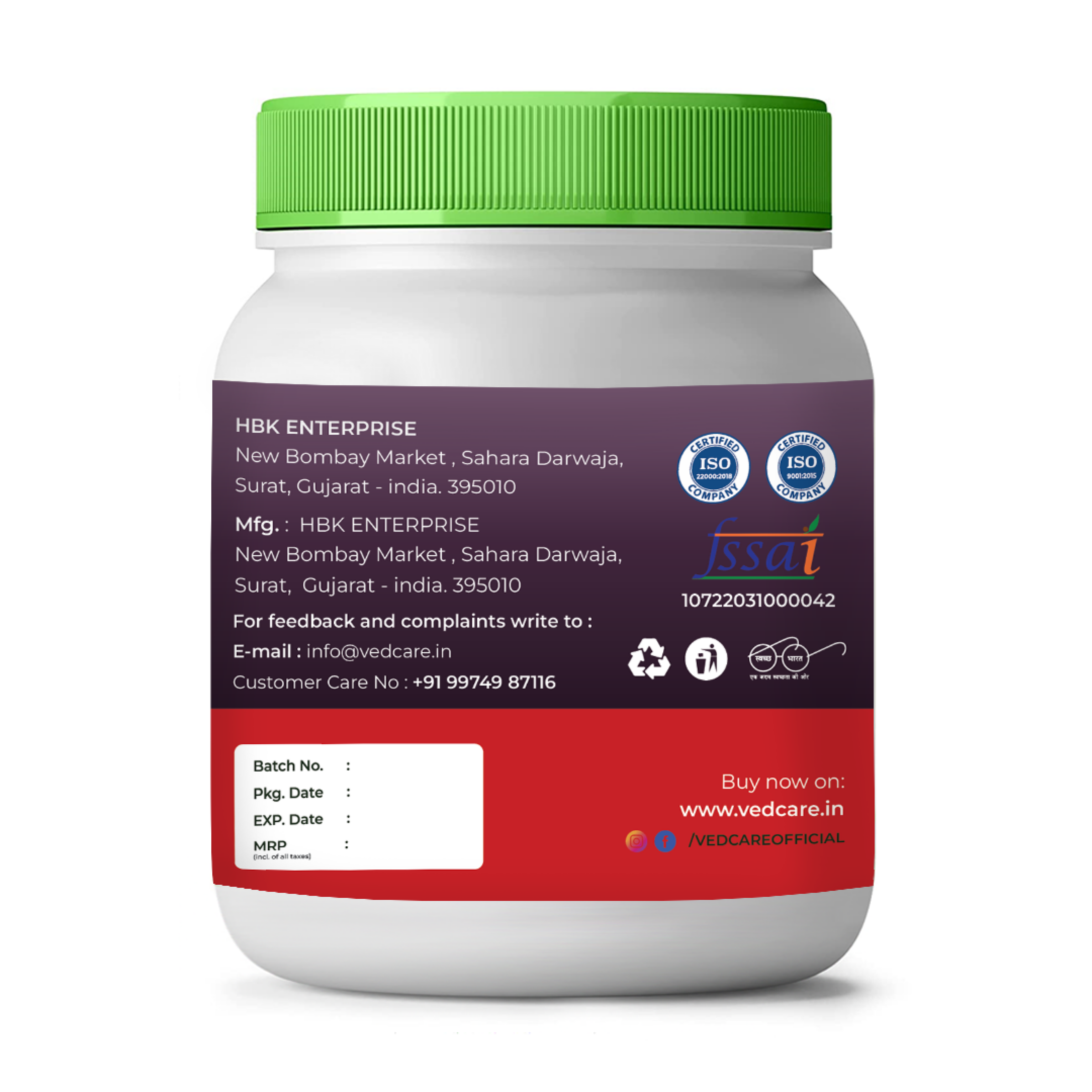 White container with green lid and purple label on a white background