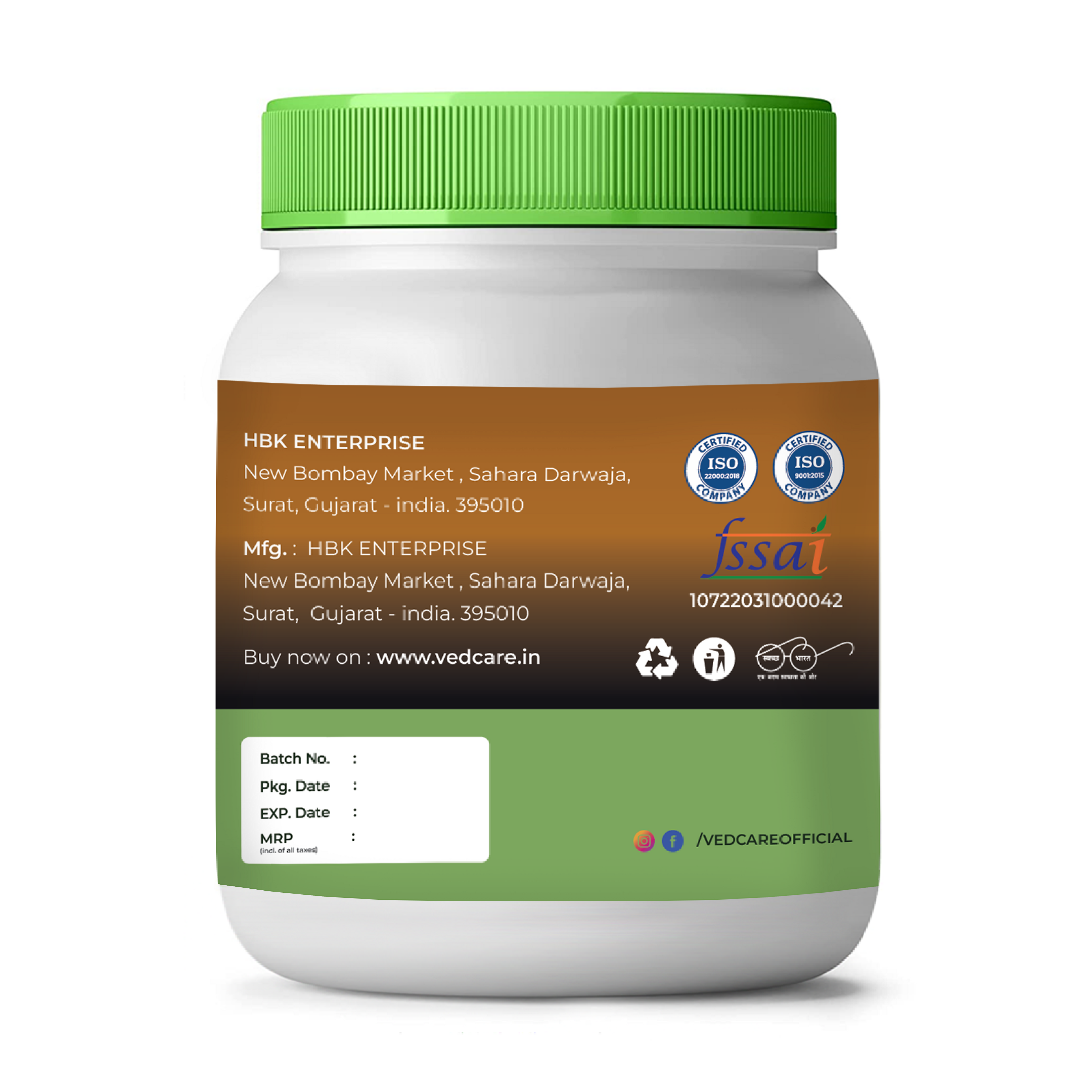 Vedcare  turmeric supplement container with green lid and label on a white background