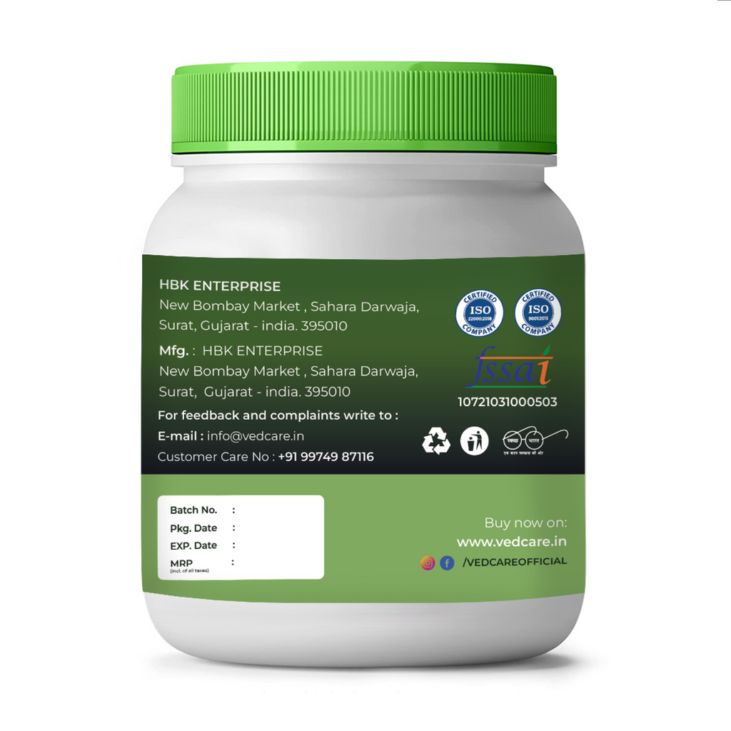 vedcare amchur White container with green lid and label on a white background