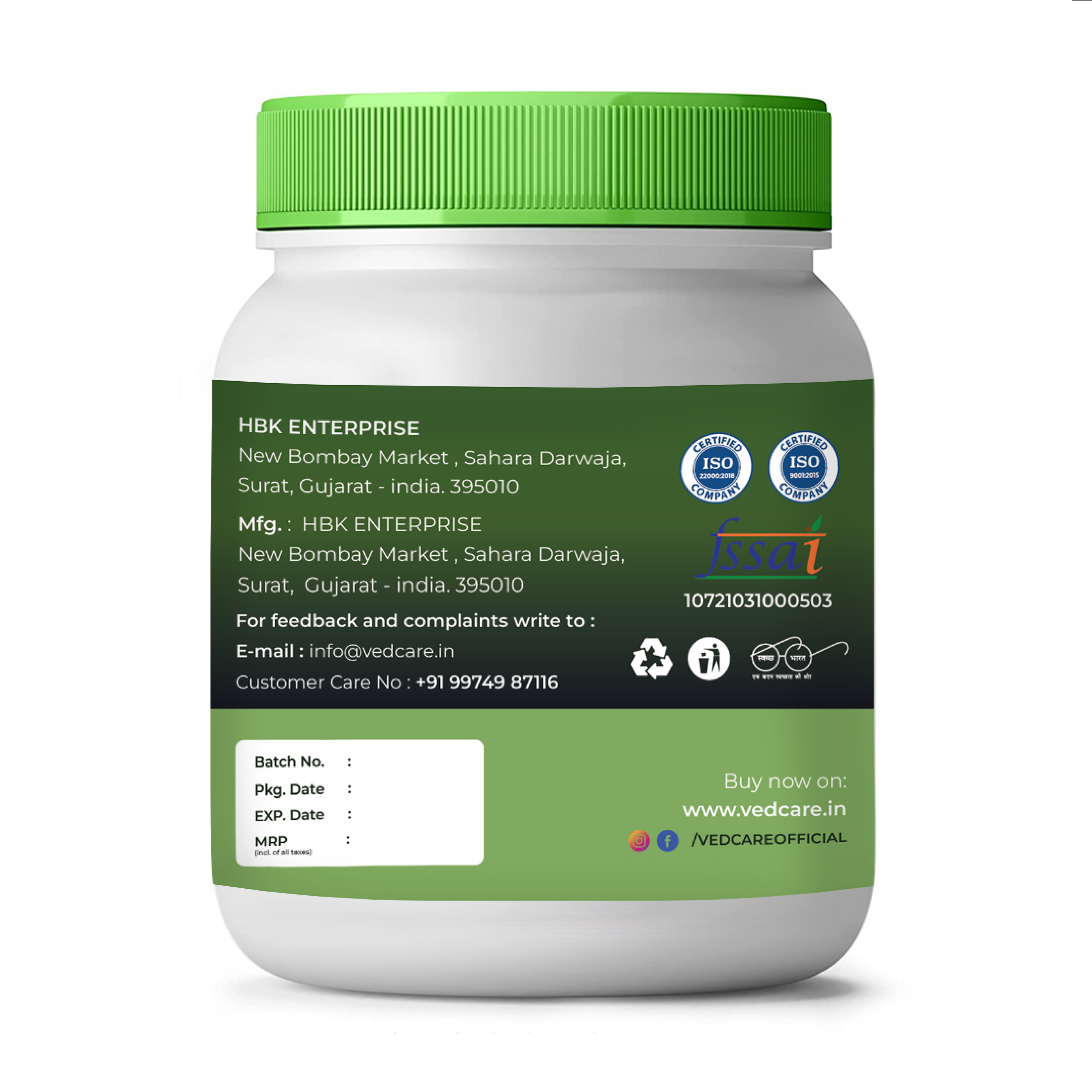 vedcare amchur White container with green lid and label on a white background