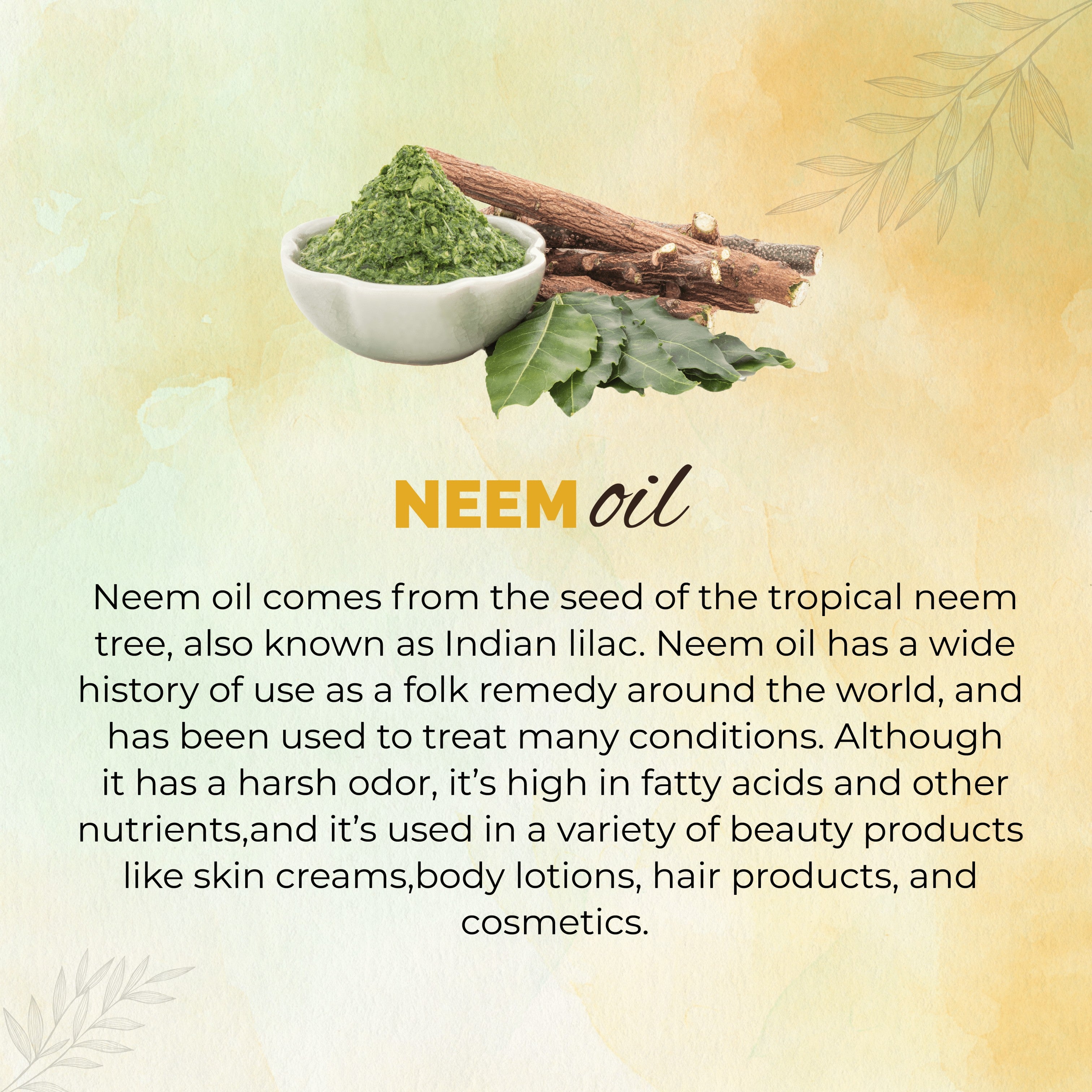 Neem oil with a bowl and leaves on a light background