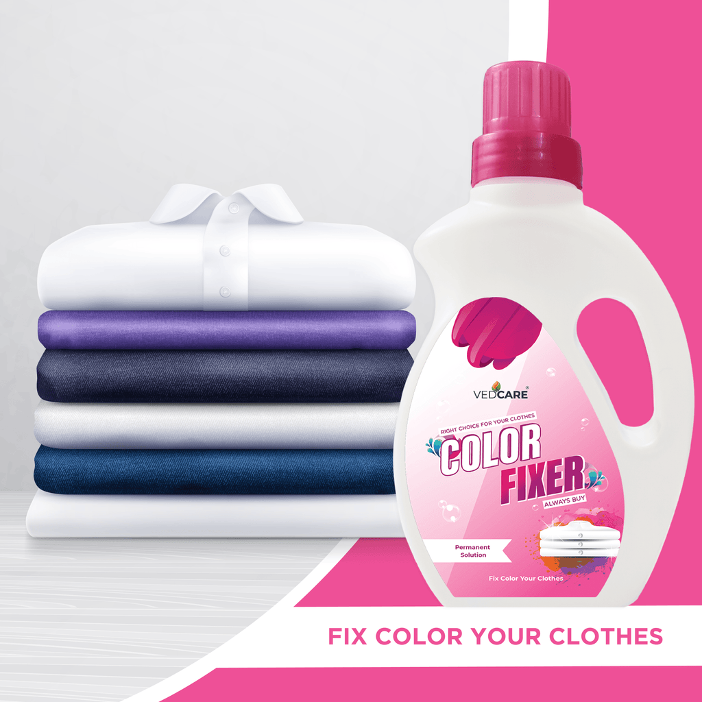 Vecco Color Fixer bottle with a stack of colored clothes on a white and pink background