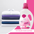 Vecco Color Fixer bottle with a stack of colored clothes on a white and pink background