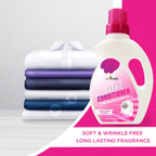 Fabric conditioner bottle with a stack of folded clothes on a white background