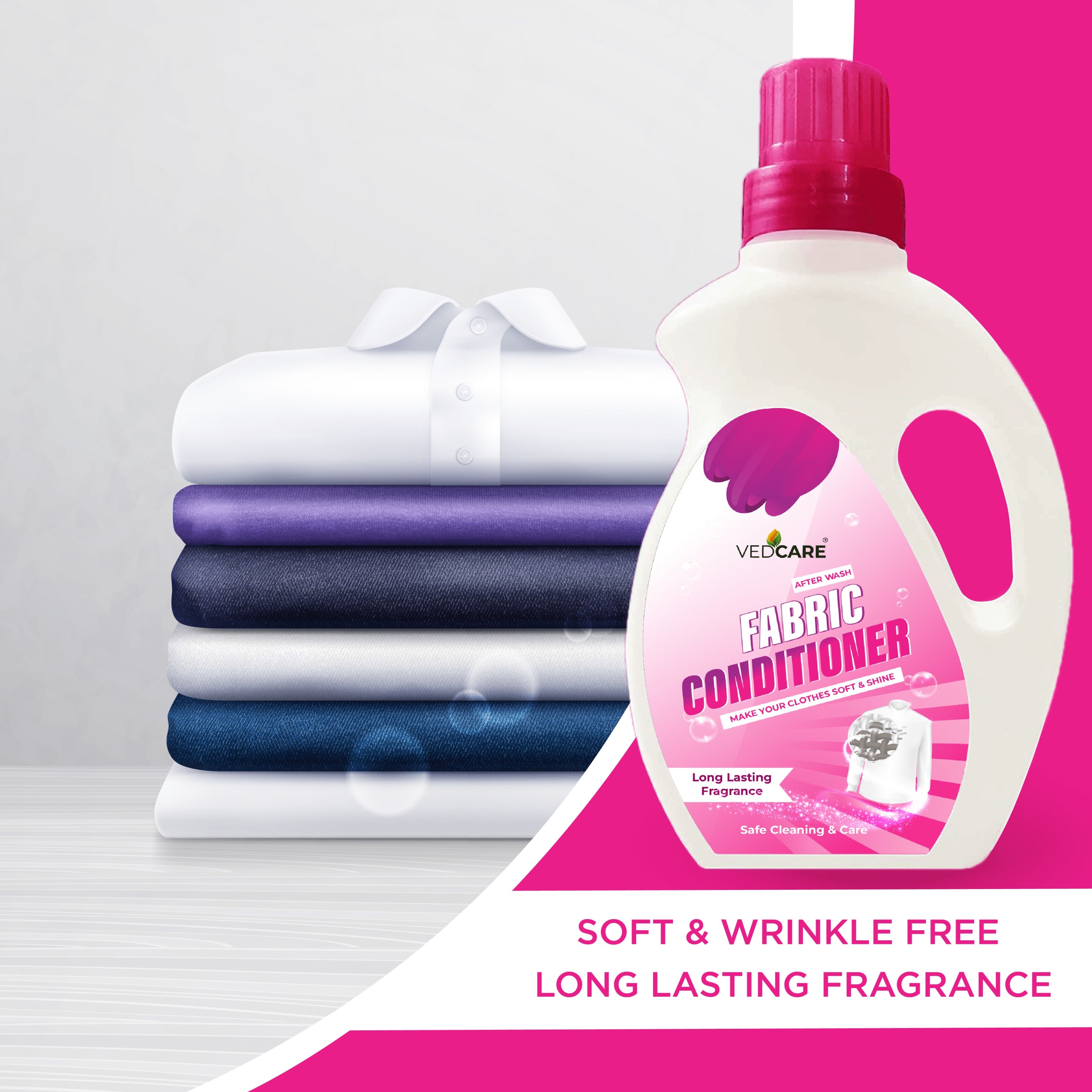 Fabric conditioner bottle with a stack of folded clothes on a white background