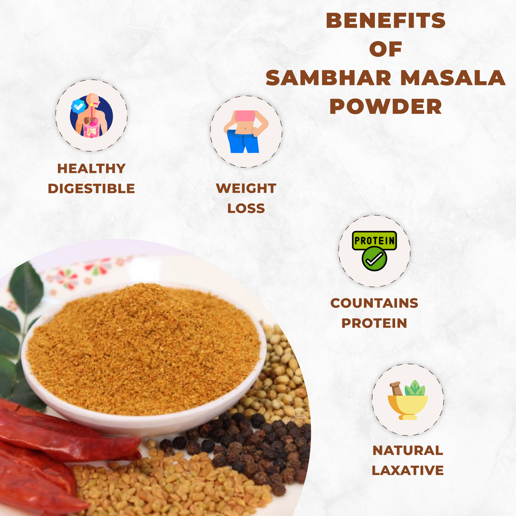 vedcare Sambhar Masala powder with health benefits listed on a white background