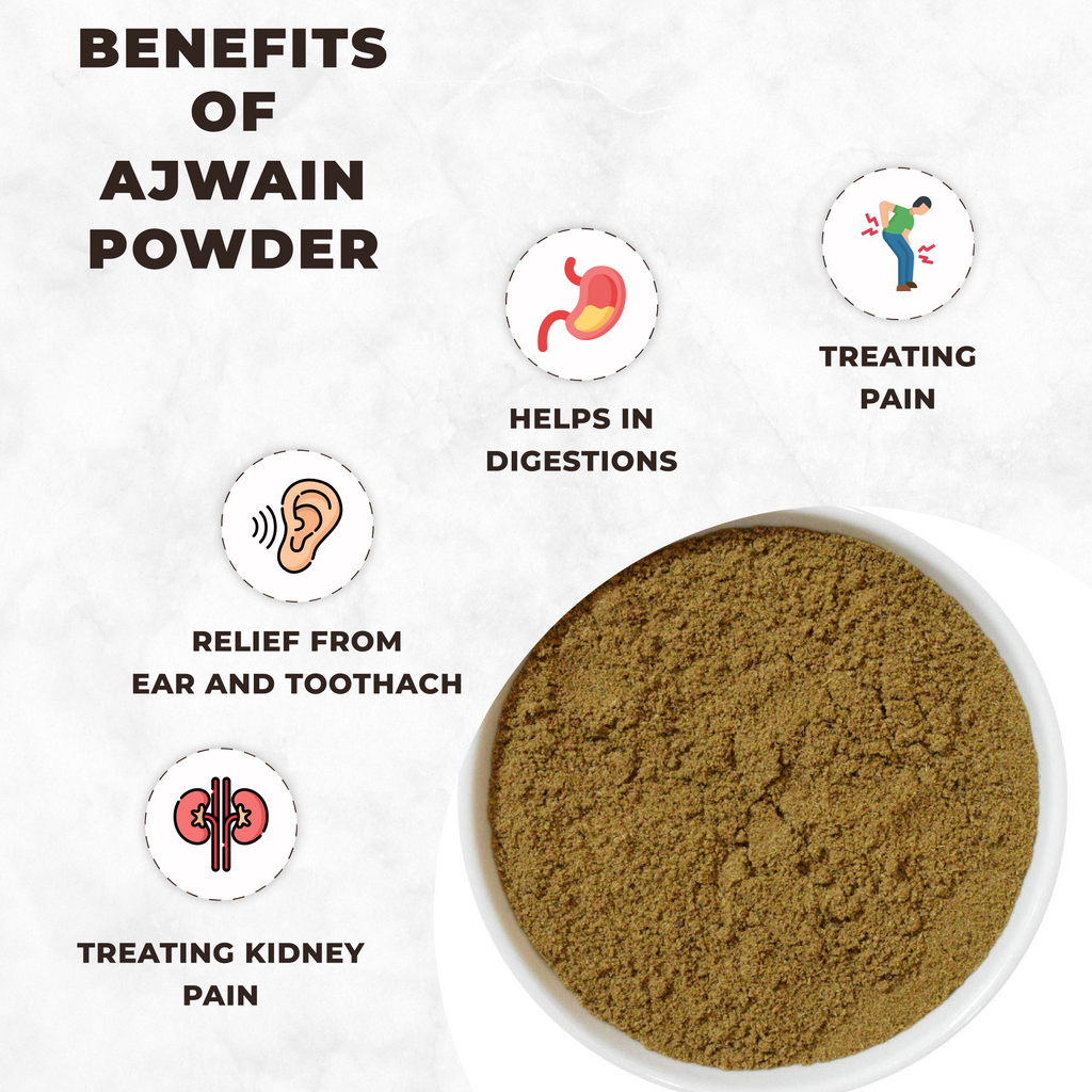 Ajwain powder with benefits listed on a white background