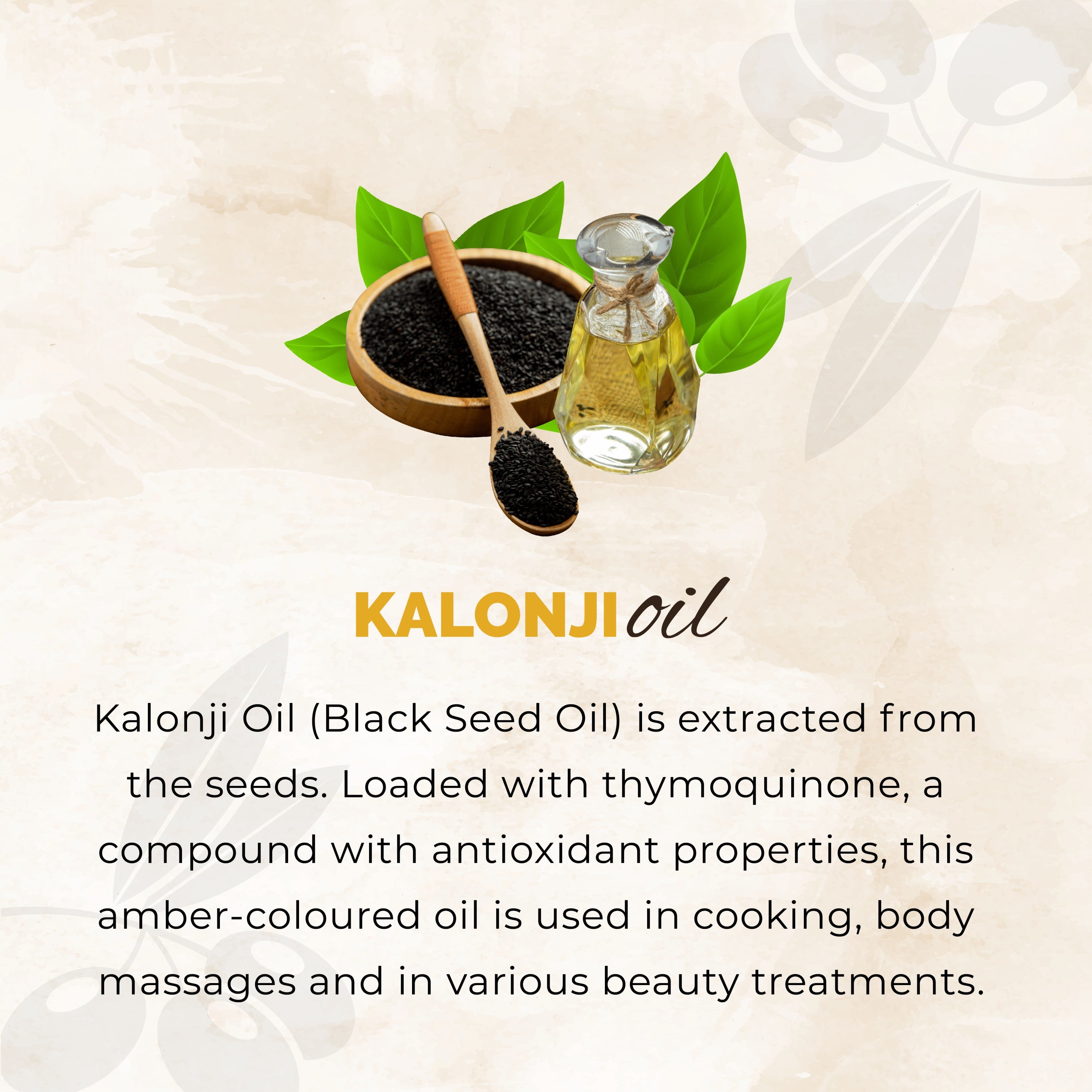 Kalonji oil with black seeds, a brush, and leaves on a light background