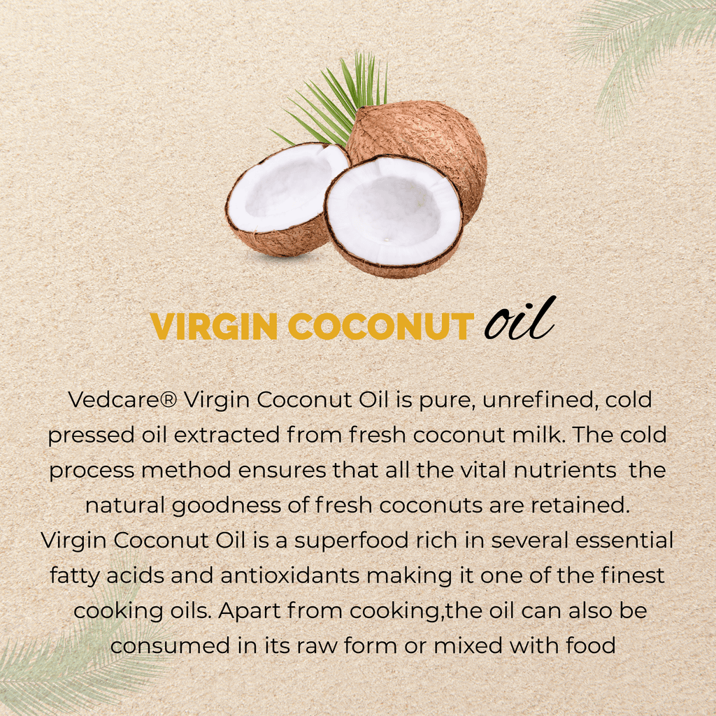 Advertisement for Vedcare Virgin Coconut Oil with coconuts and text on a beige background