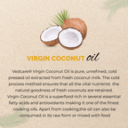 Advertisement for Vedcare Virgin Coconut Oil with coconuts and text on a beige background