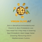 Advertisement for virgin olive oil with text about its benefits and uses.