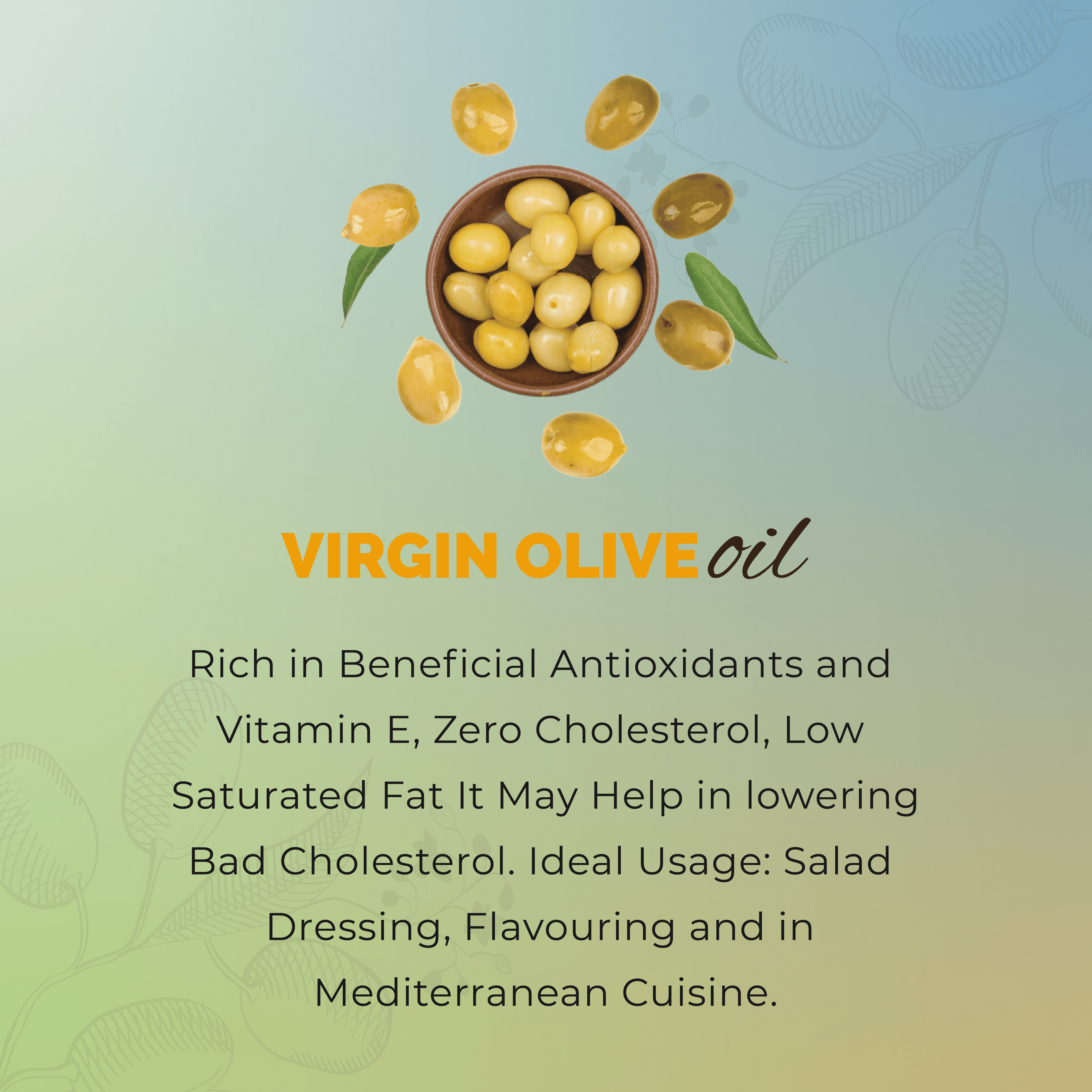 Advertisement for virgin olive oil with text about its benefits and uses.
