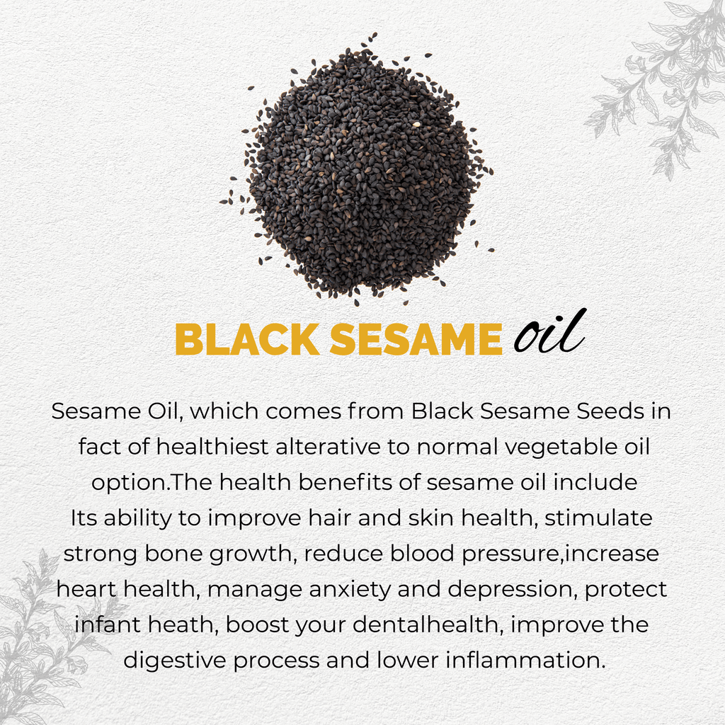 Black sesame seeds with text about black sesame oil and its health benefits on a light background.