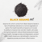 Black sesame seeds with text about black sesame oil and its health benefits on a light background.