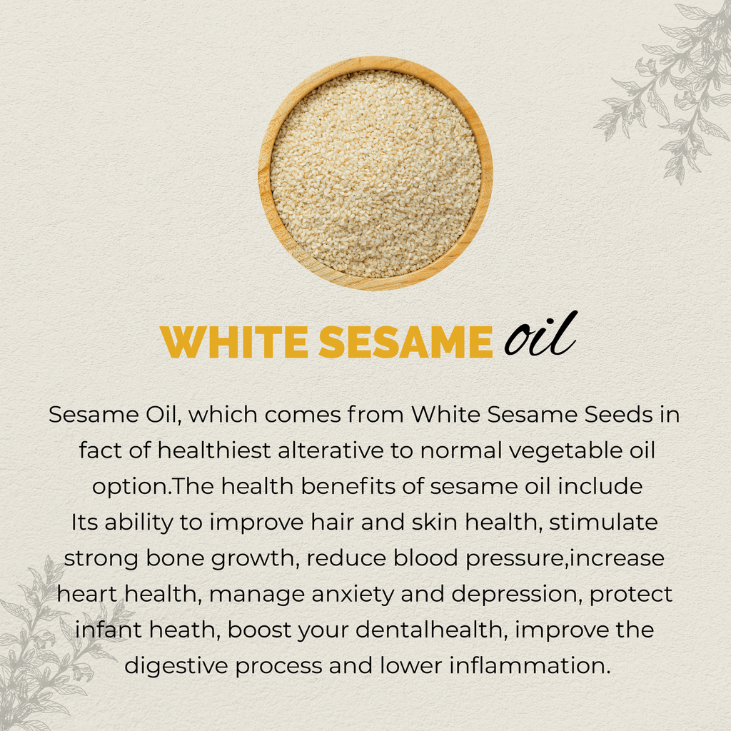 White sesame oil in a wooden bowl with text about its health benefits on a light background