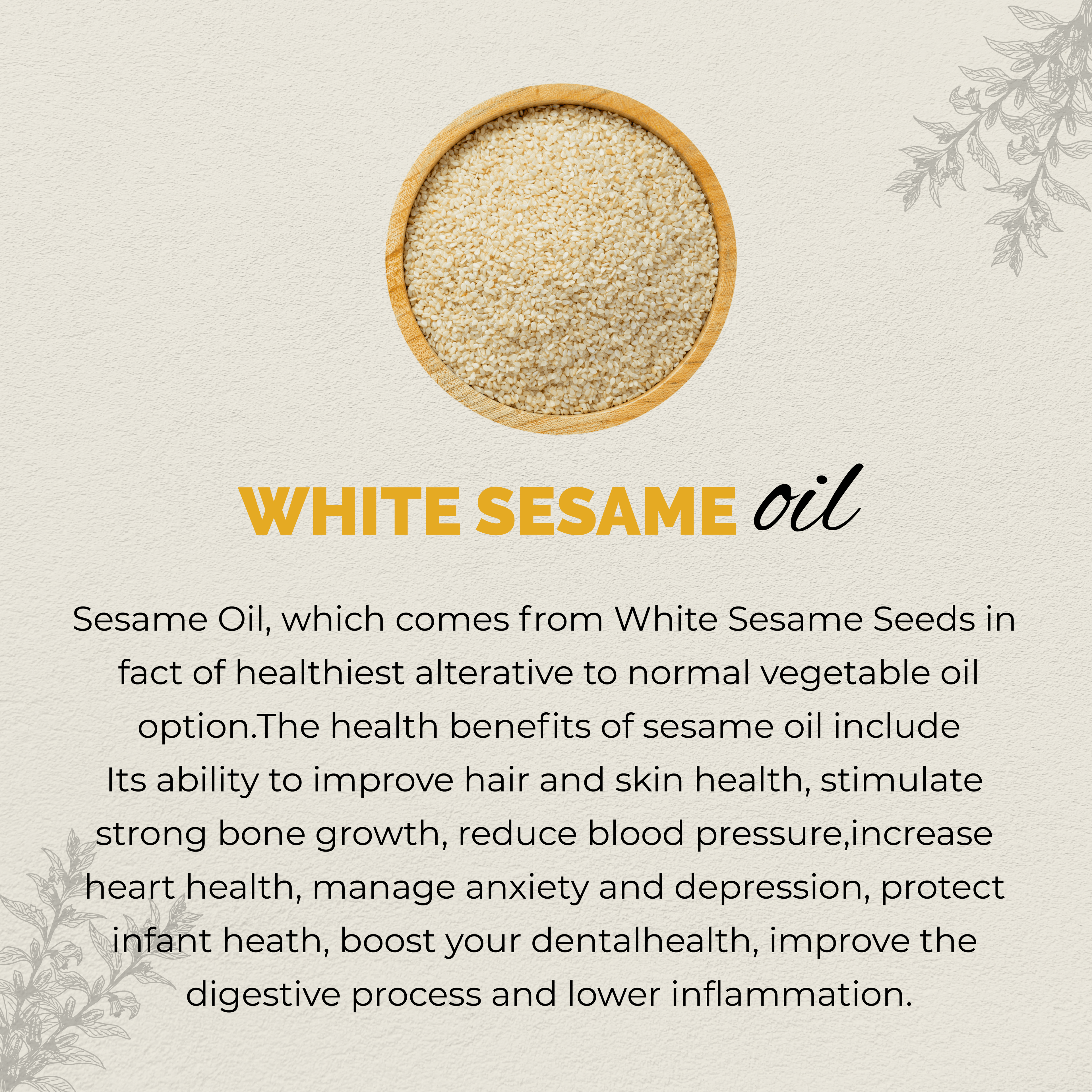 White sesame oil in a wooden bowl with text about its health benefits on a light background